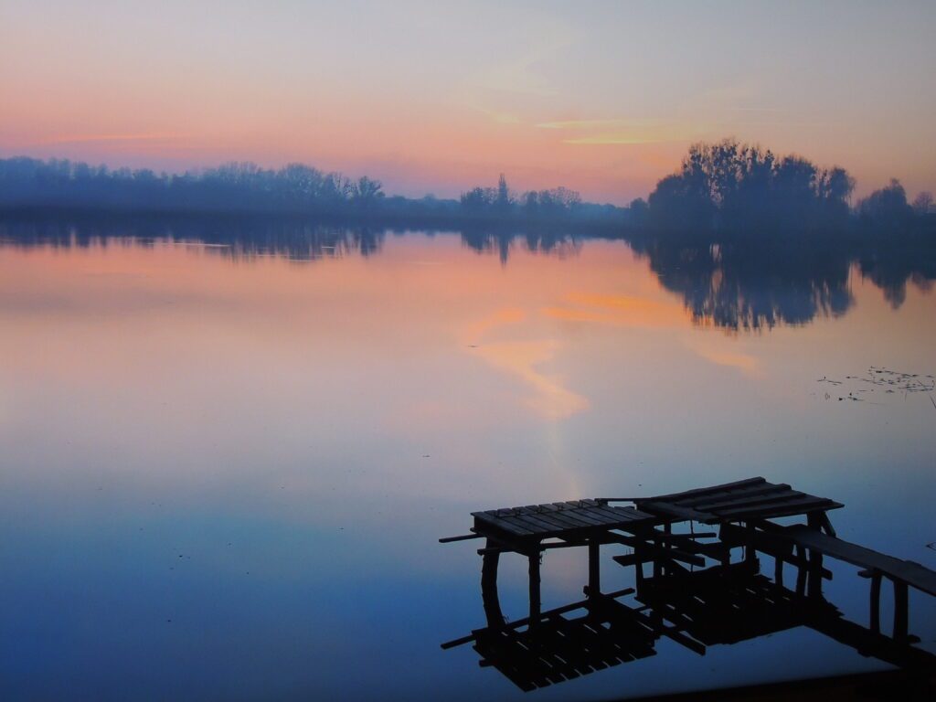 A dock on the water with trees in the background.